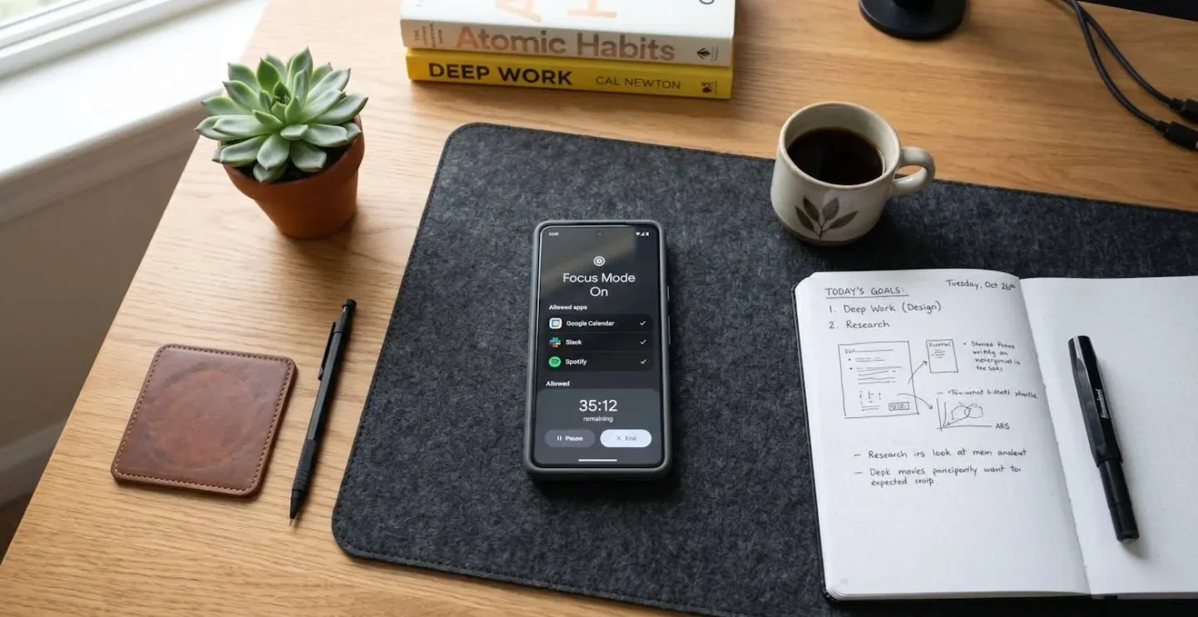 Overhead view of organized desk with smartphone in focus mode