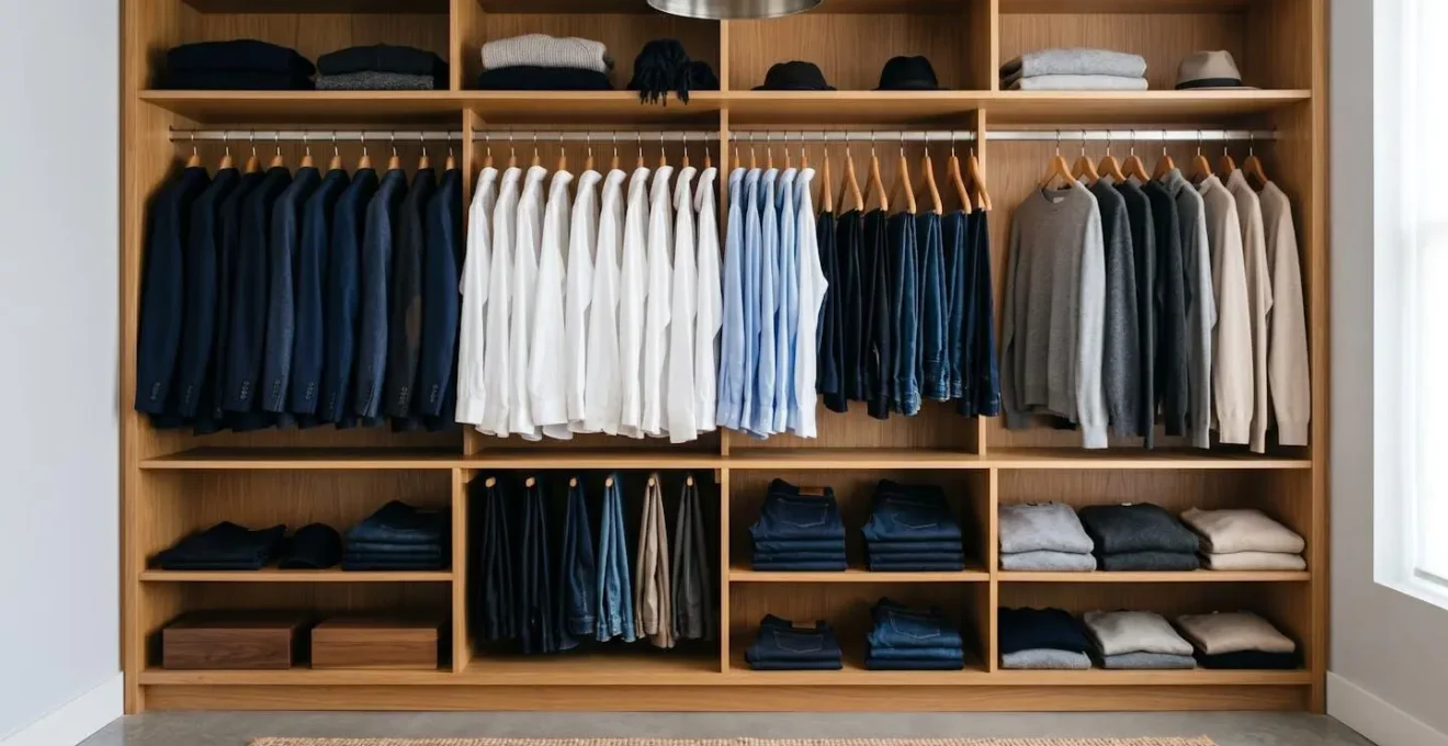 A curated minimalist men's wardrobe with essential pieces organized by color