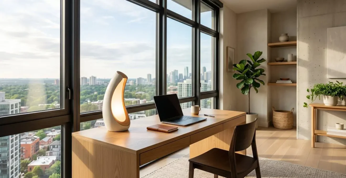A stylish home office with strategic natural light positioning and modern light therapy equipment seamlessly integrated into the decor