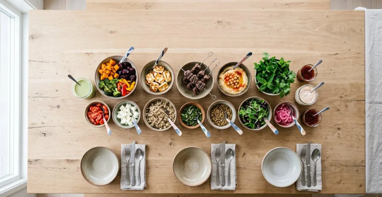 Elegant dinner table with modular serving stations featuring diverse dietary options
