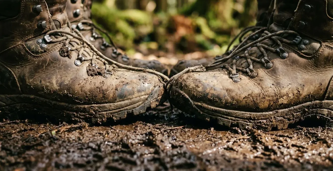 Close-up of muddy hiking boots on a forest trail showing journey completion