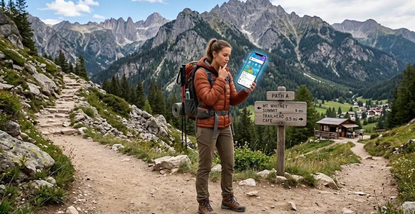 Individual at crossroads between phone screen and outdoor adventure path