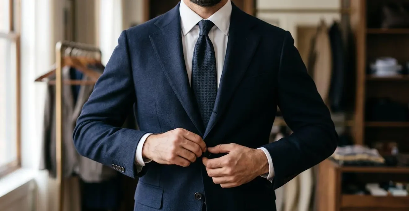 Business professional performing the ritual of buttoning suit jacket