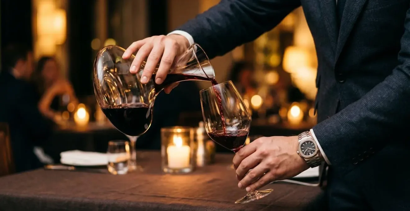 Man demonstrating quiet confidence and social grace at upscale dinner setting