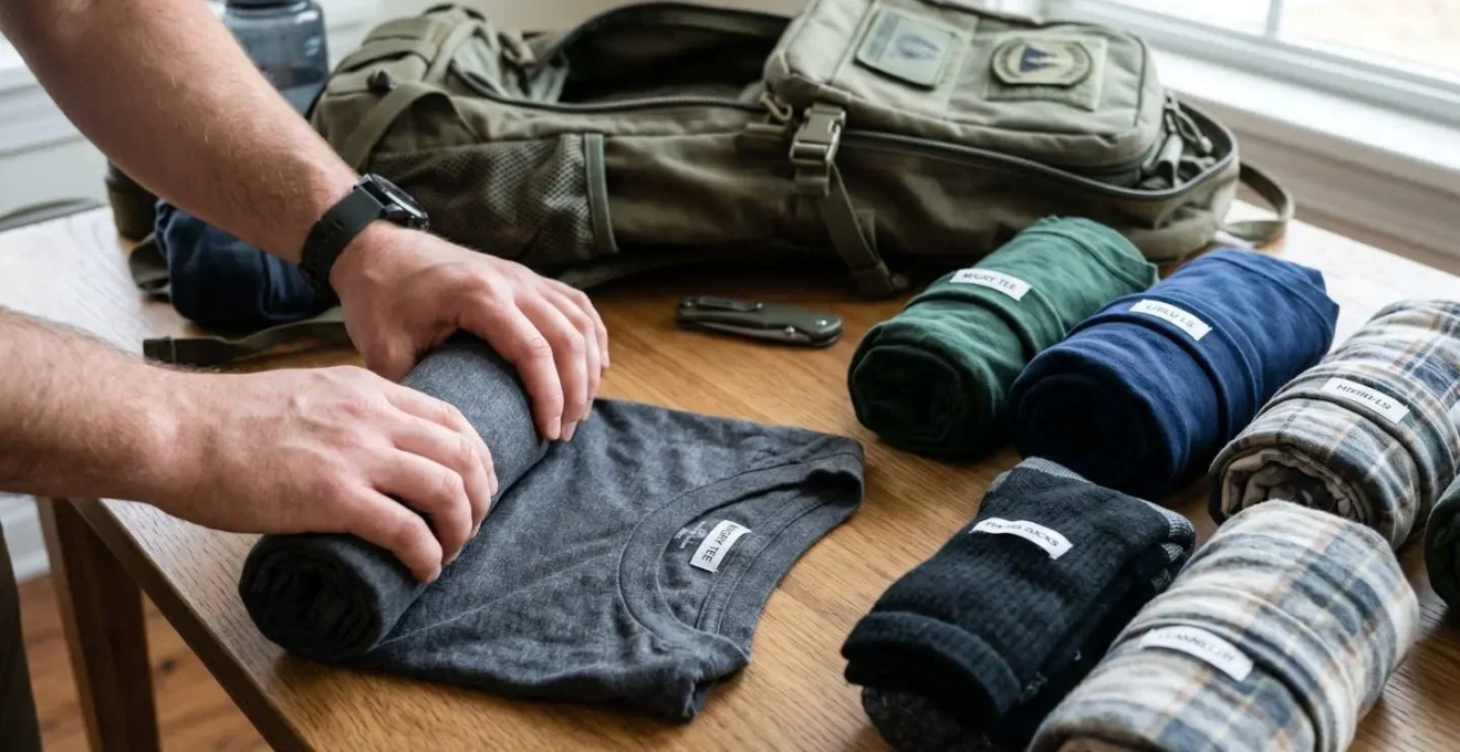Close-up demonstration of ranger roll packing method with various garments