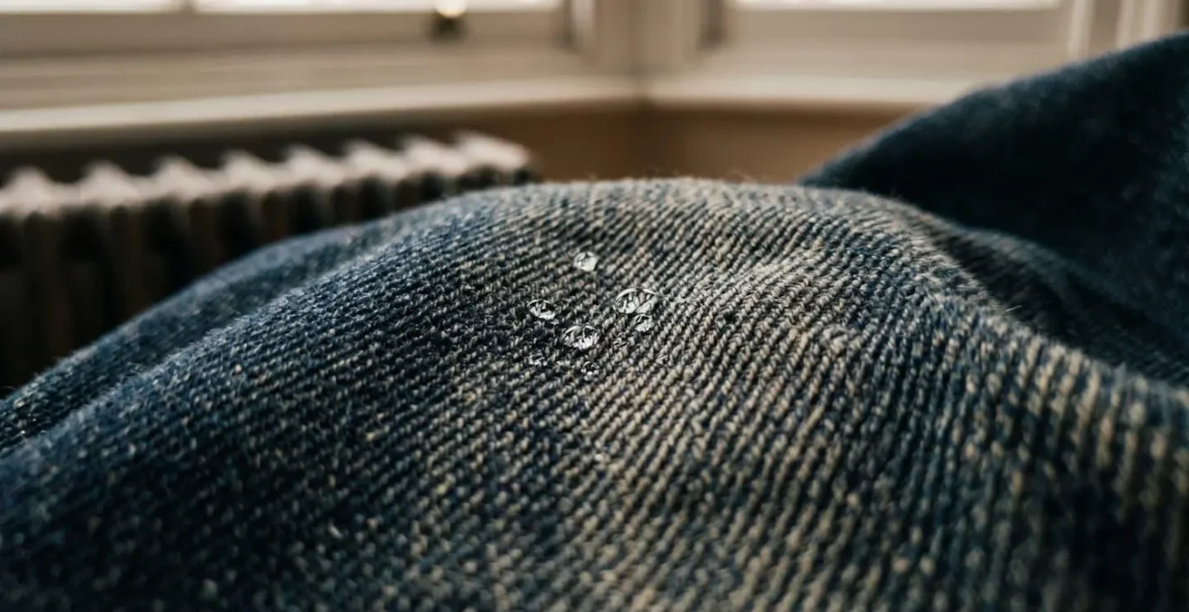 Raw denim jeans air-drying indoors showing proper hanging method