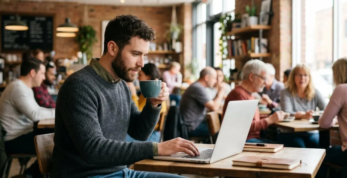 A man working on his laptop in a bustling coffee shop, surrounded by the energy of social interaction
