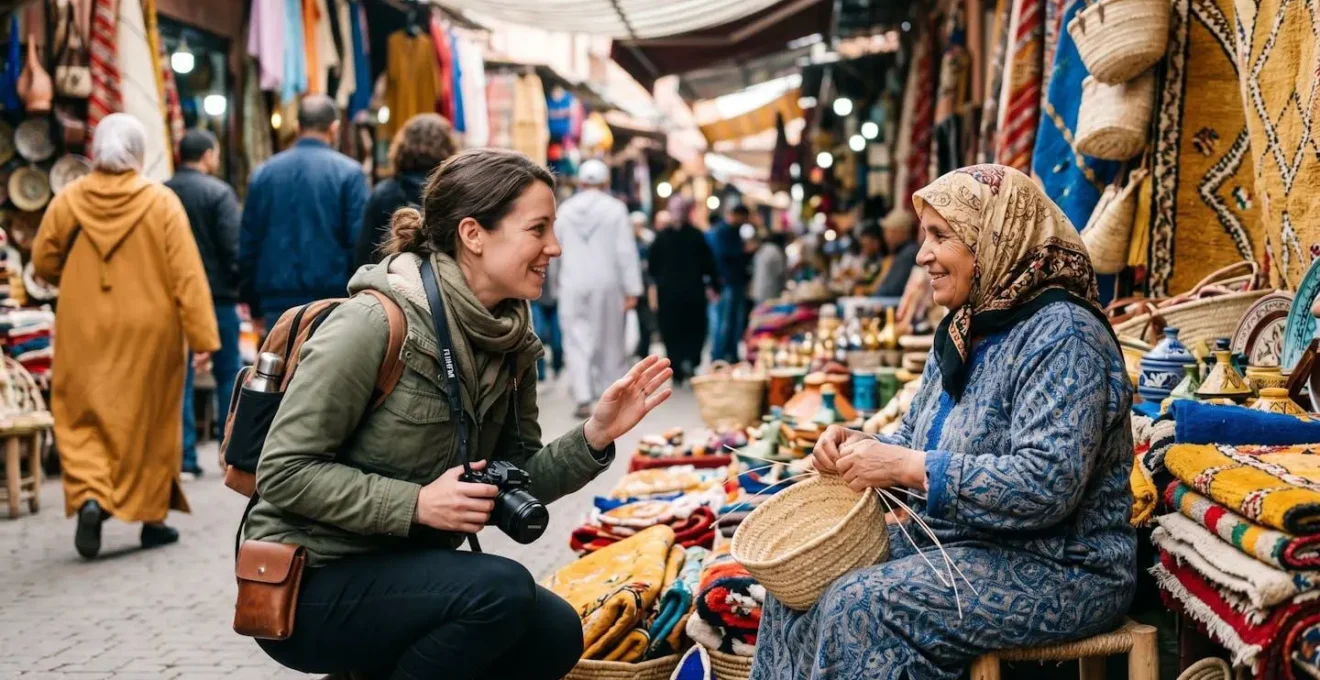 A photographer asking permission from a local artisan before taking their portrait in a market setting