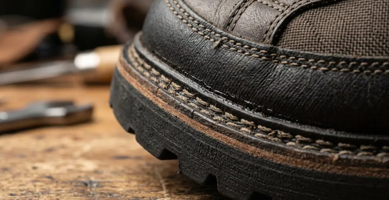 Close-up macro shot of shoe construction details showing welt and sole attachment