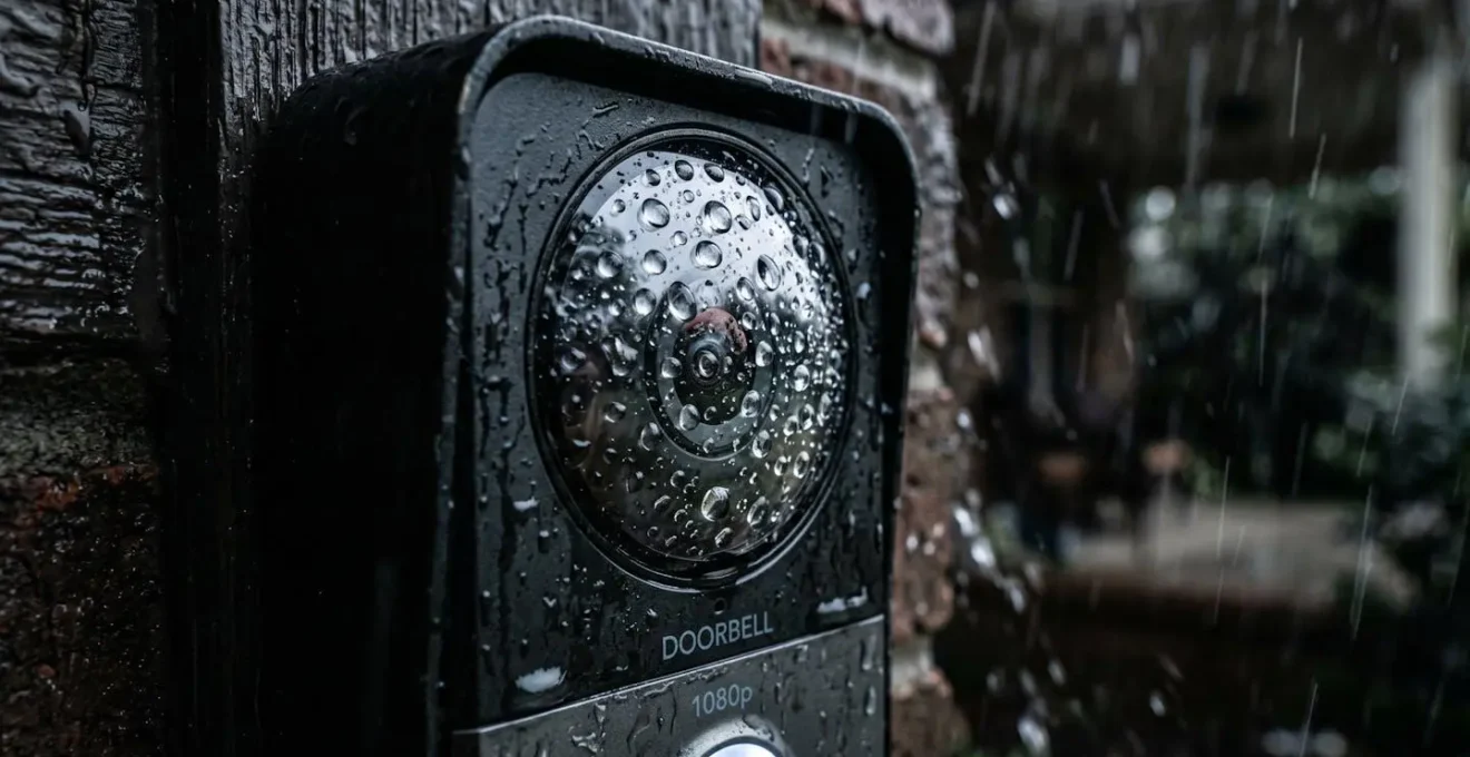 Macro shot of water droplets on smart doorbell lens during heavy rain