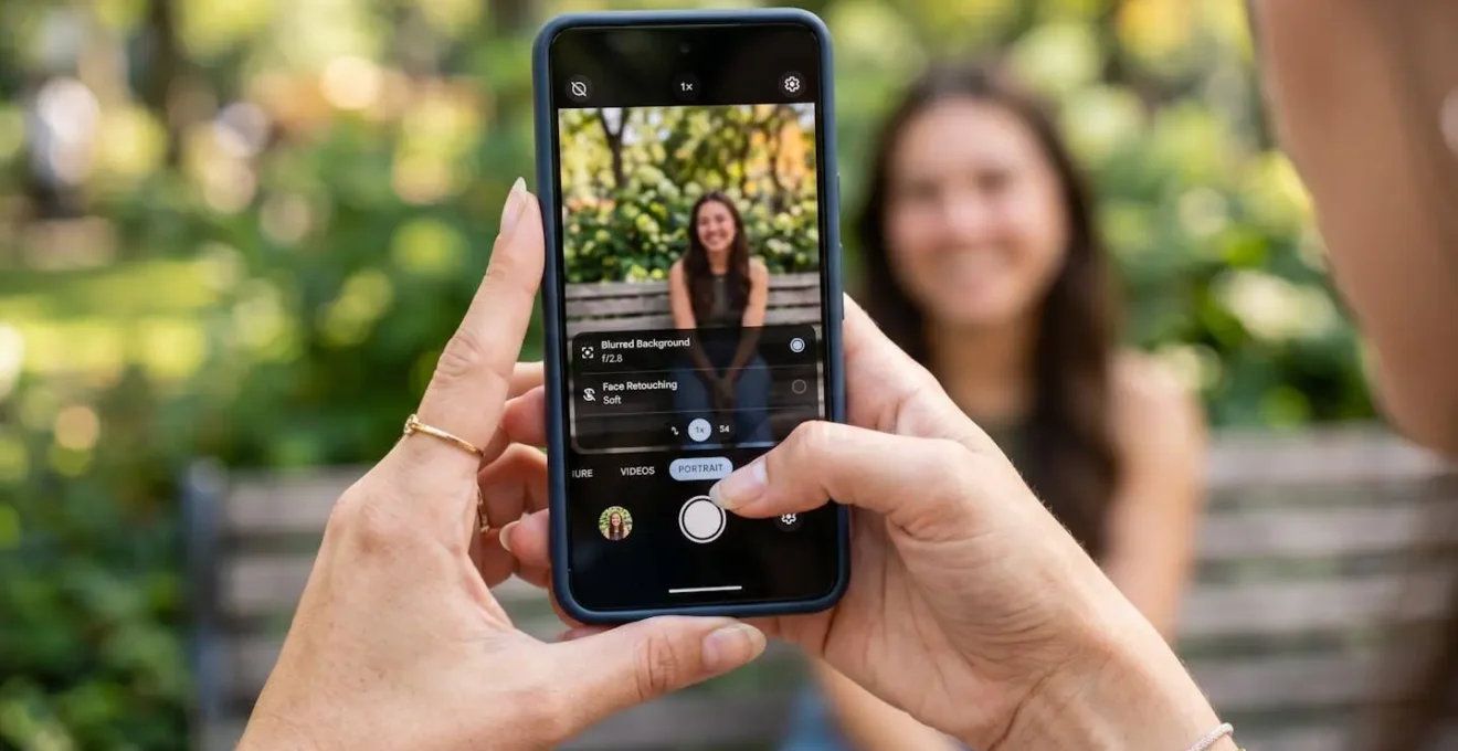 Close-up of hands adjusting smartphone camera settings for portrait photography
