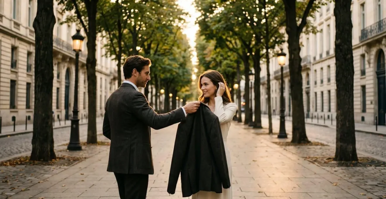 Man offering his tailored jacket to a woman during an evening walk on a tree-lined street.