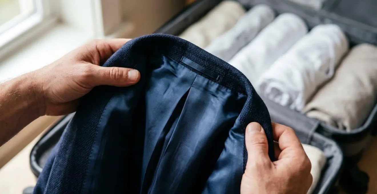 Hands demonstrating the inside-out shoulder fold technique for packing a suit