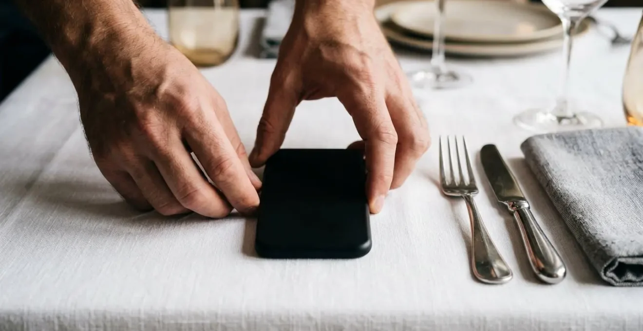 Close-up of hands placing a smartphone face-down beside an elegant table setting, symbolizing a commitment to being present.