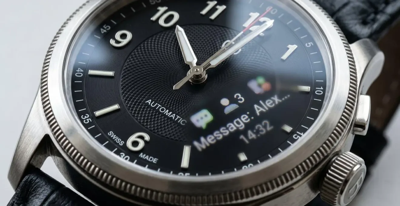 Extreme close-up of watch face with blurred messaging notification icons