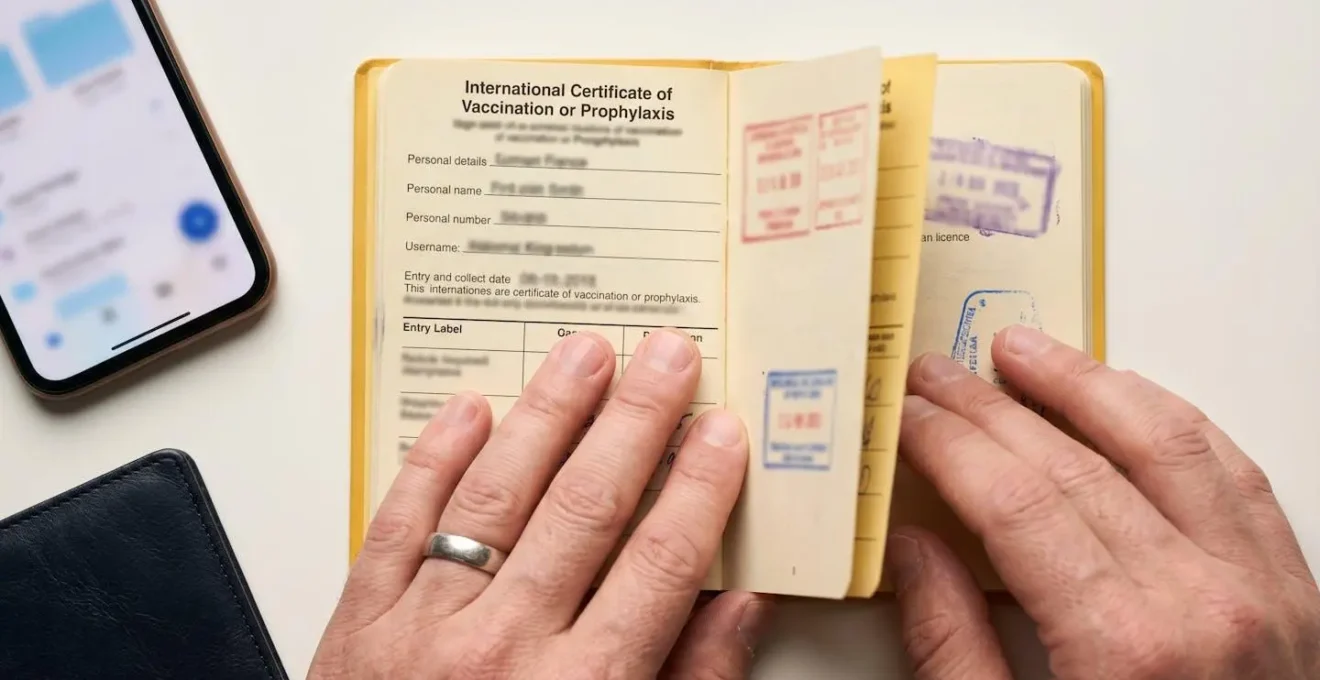 Organized travel health documents with vaccination booklet and digital backup setup