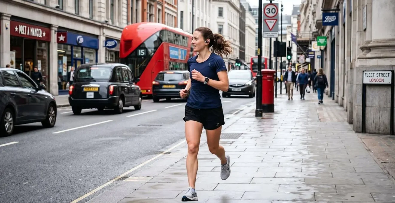 Runner using transparency mode headphones in an urban environment to stay aware of traffic.