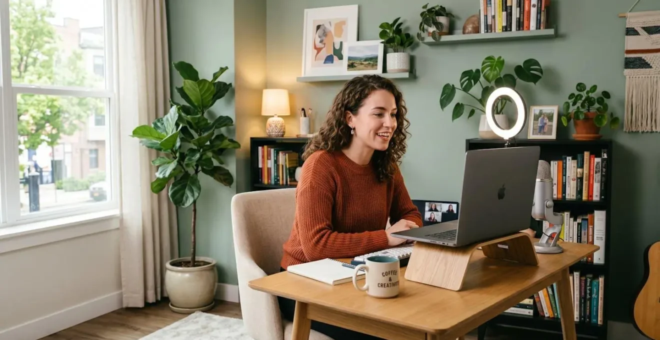 Well-lit corner of modern apartment optimized for video calls with personality elements