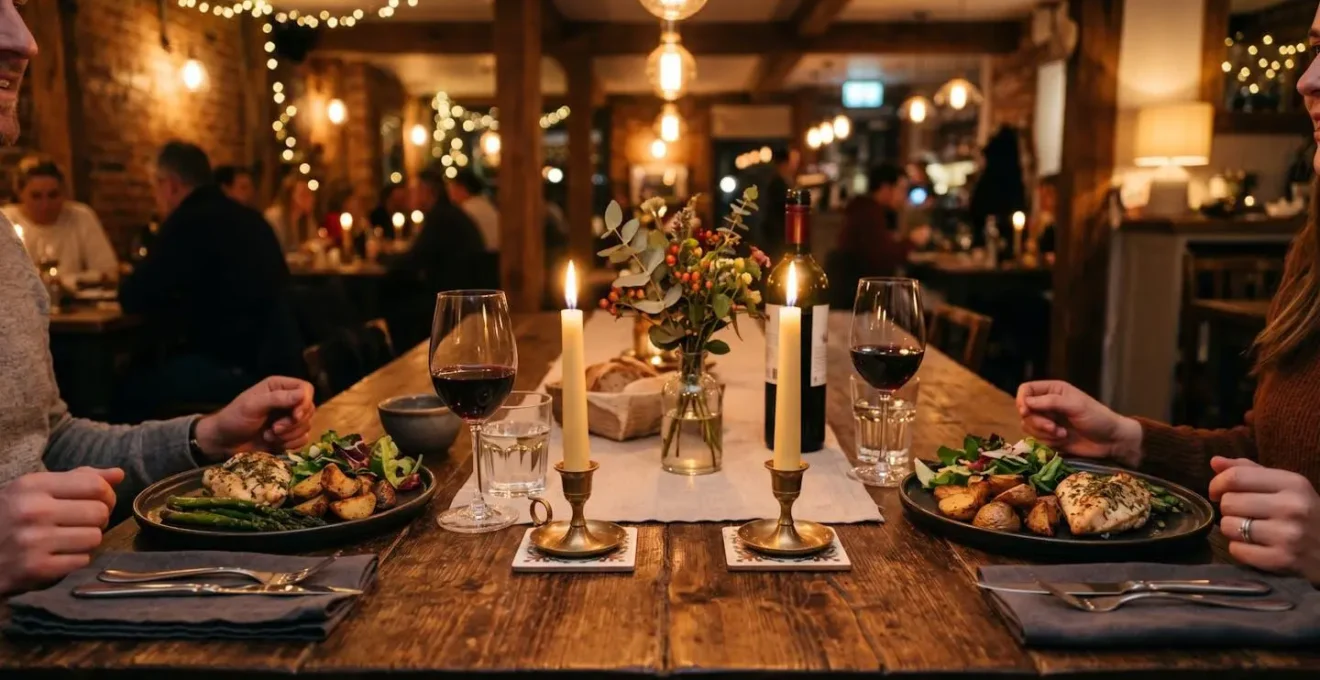 Two dining setups with matching candles and meals connected by warm lighting