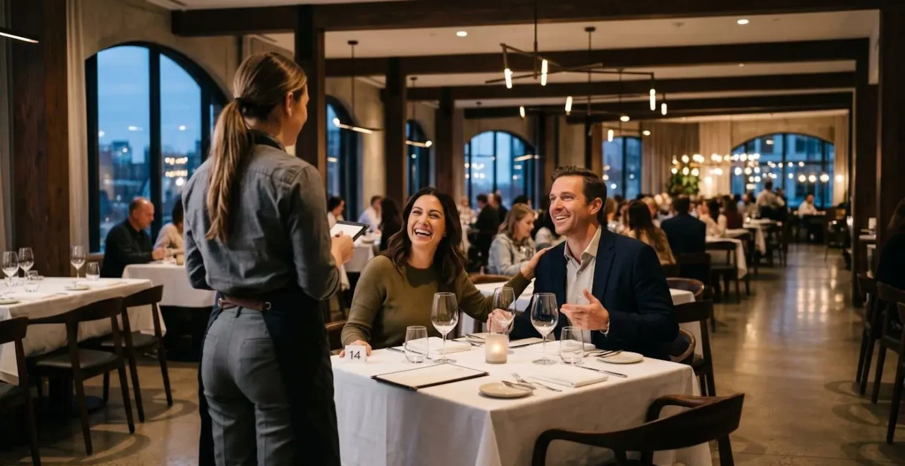 A well-dressed couple in an elegant restaurant warmly thanking their server, demonstrating positive and respectful interaction.