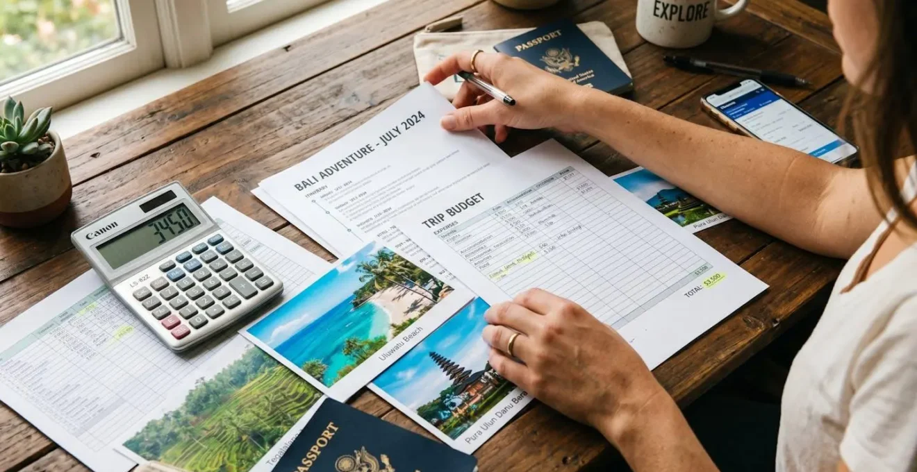 Hands arranging travel budget documents with calculator and tropical destination photos