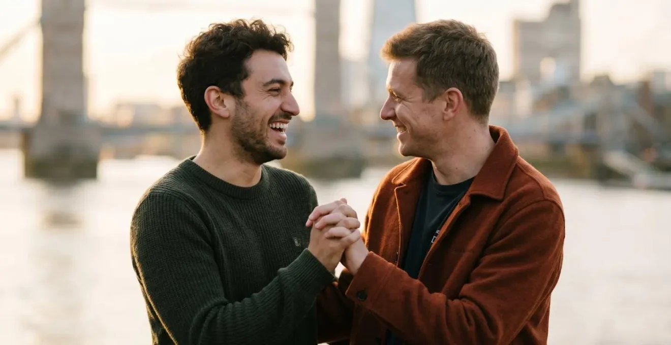 Genuine intimate moment between two men enjoying London without digital distractions