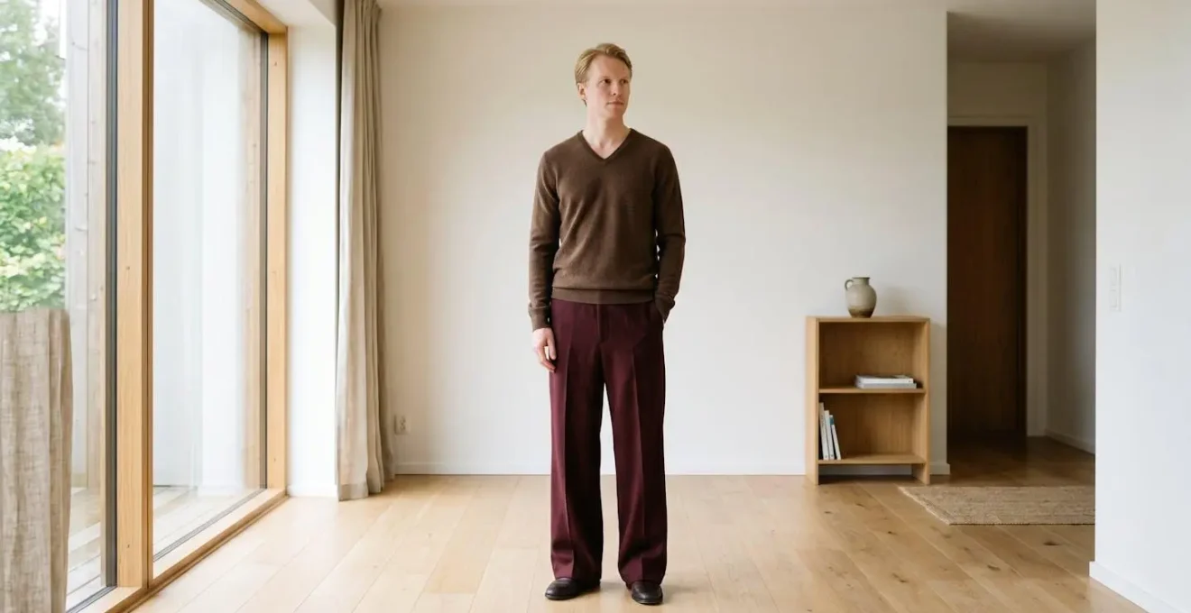 Sophisticated tonal outfit featuring burgundy wide-leg trousers with complementary brown knitwear