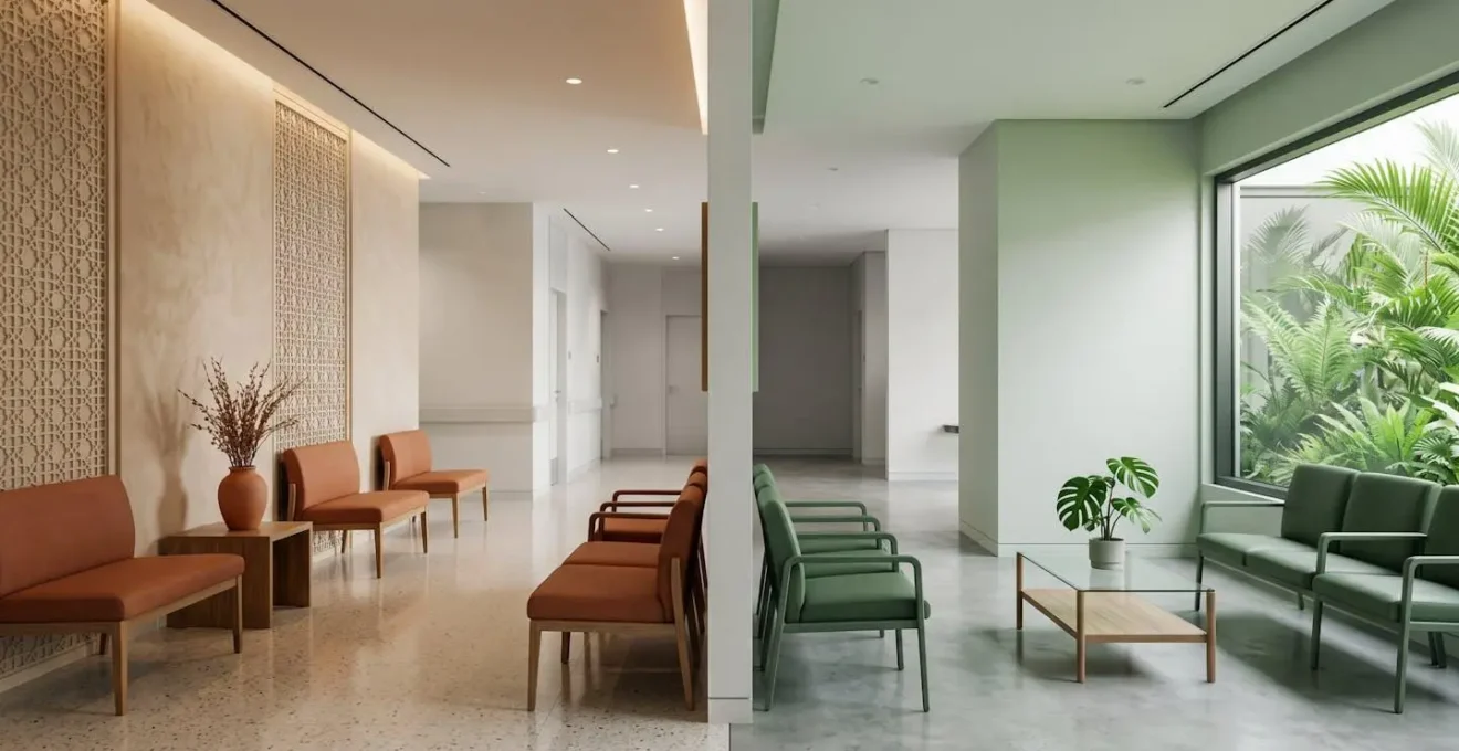 Split composition showing modern medical facilities representing Dubai and Singapore healthcare