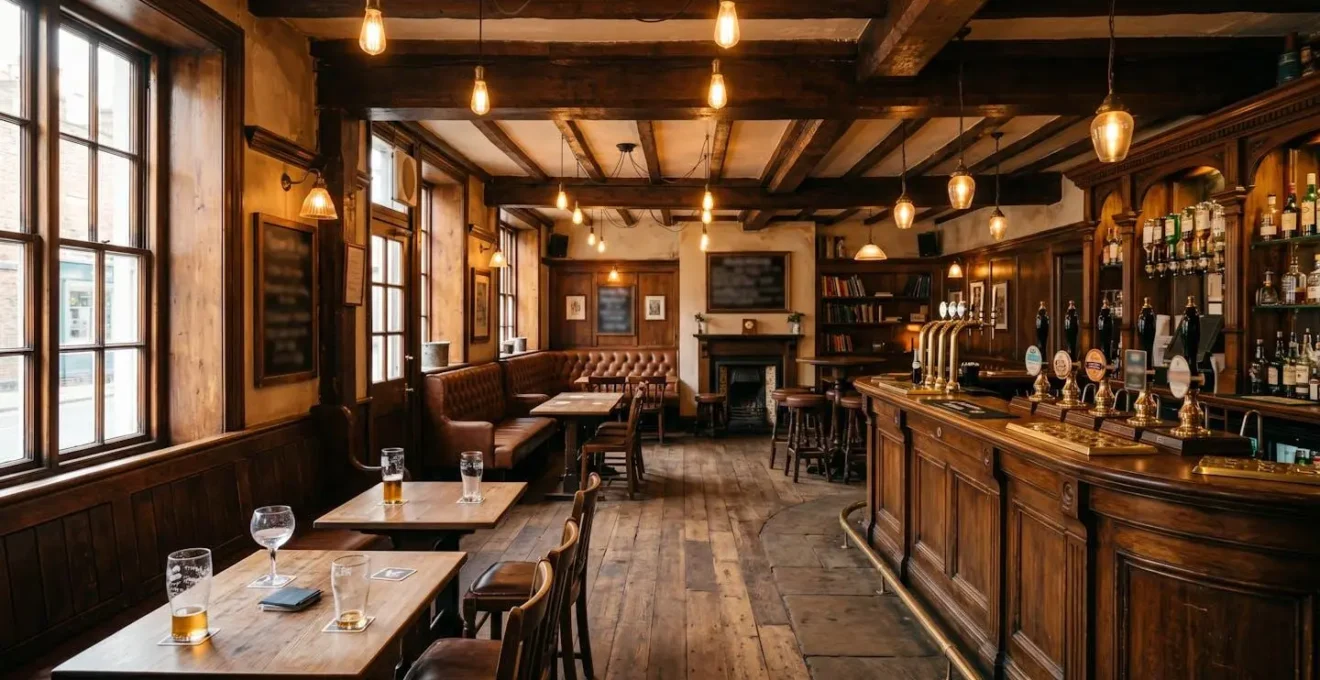 Cozy London pub interior with ambient lighting perfect for first dates