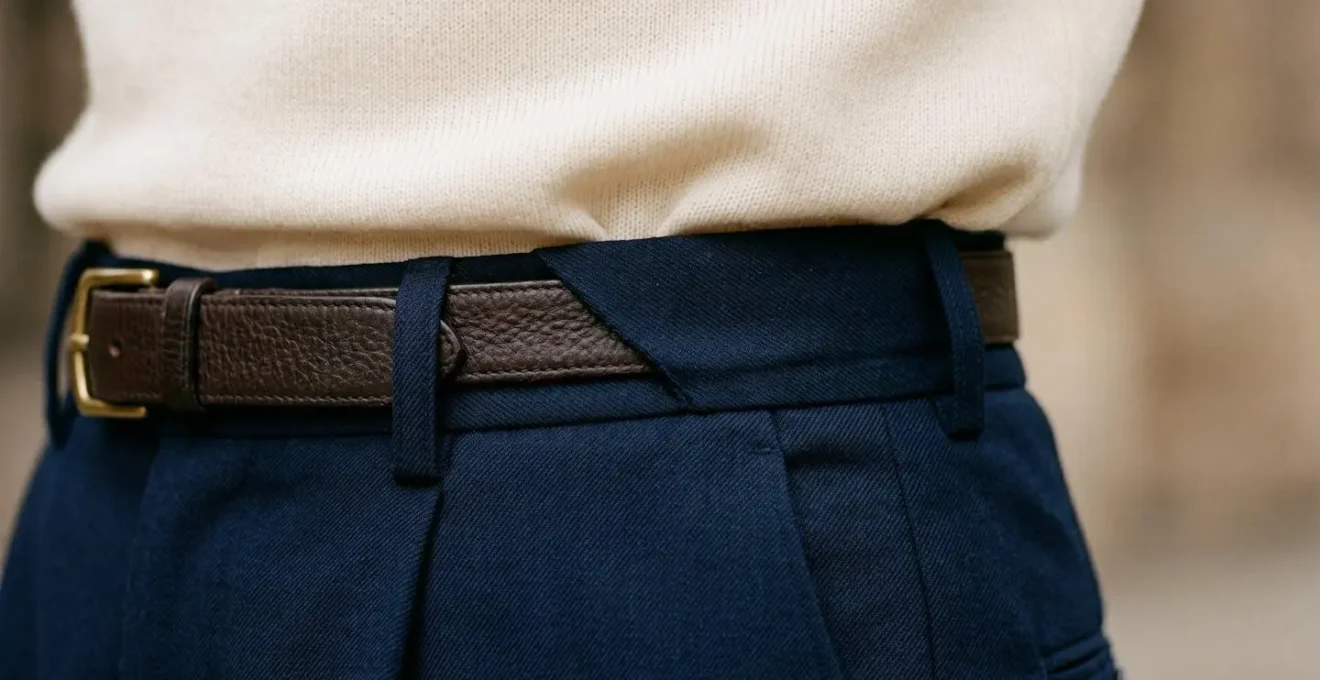 Man wearing fine-gauge merino sweater tucked into high-waisted wide-leg trousers