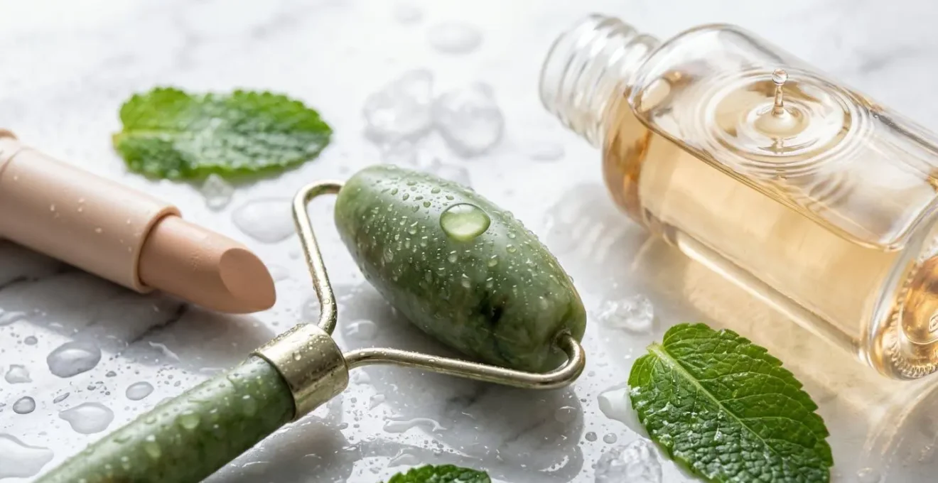 Extreme close-up of men's grooming products with water droplets and refreshing mint leaves