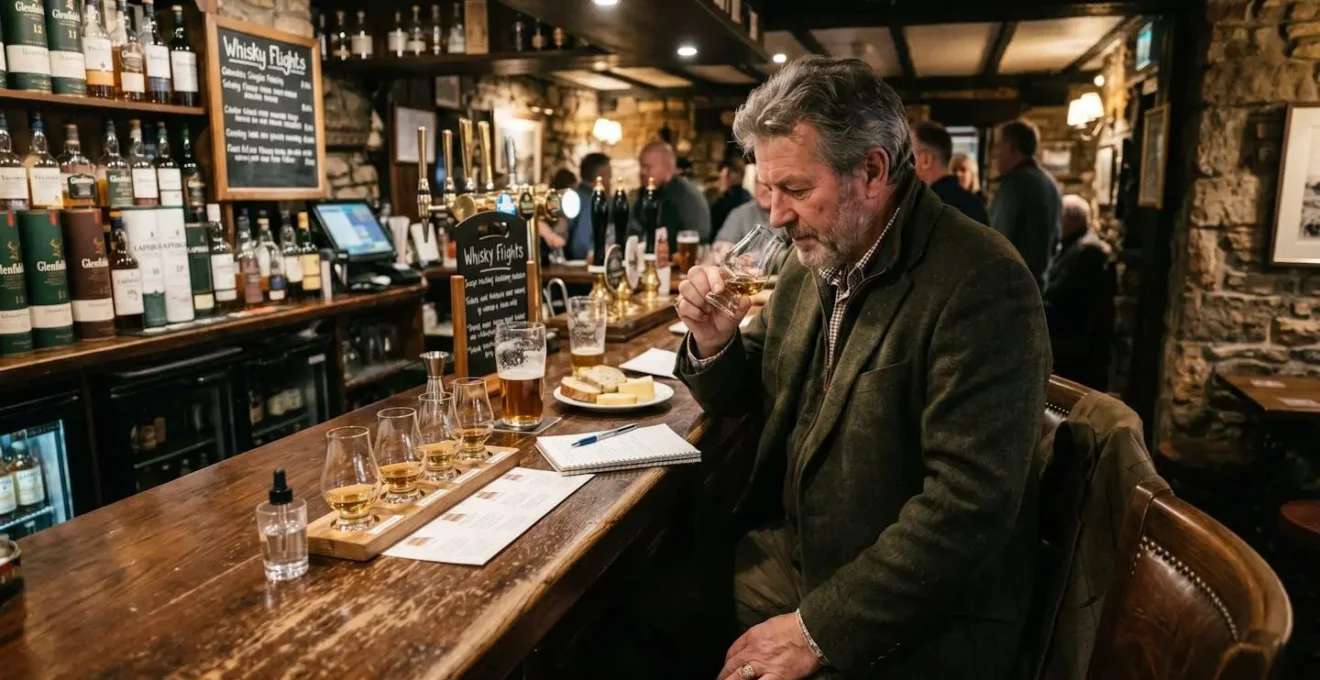 Solo diner at traditional Scottish pub counter with whisky tasting