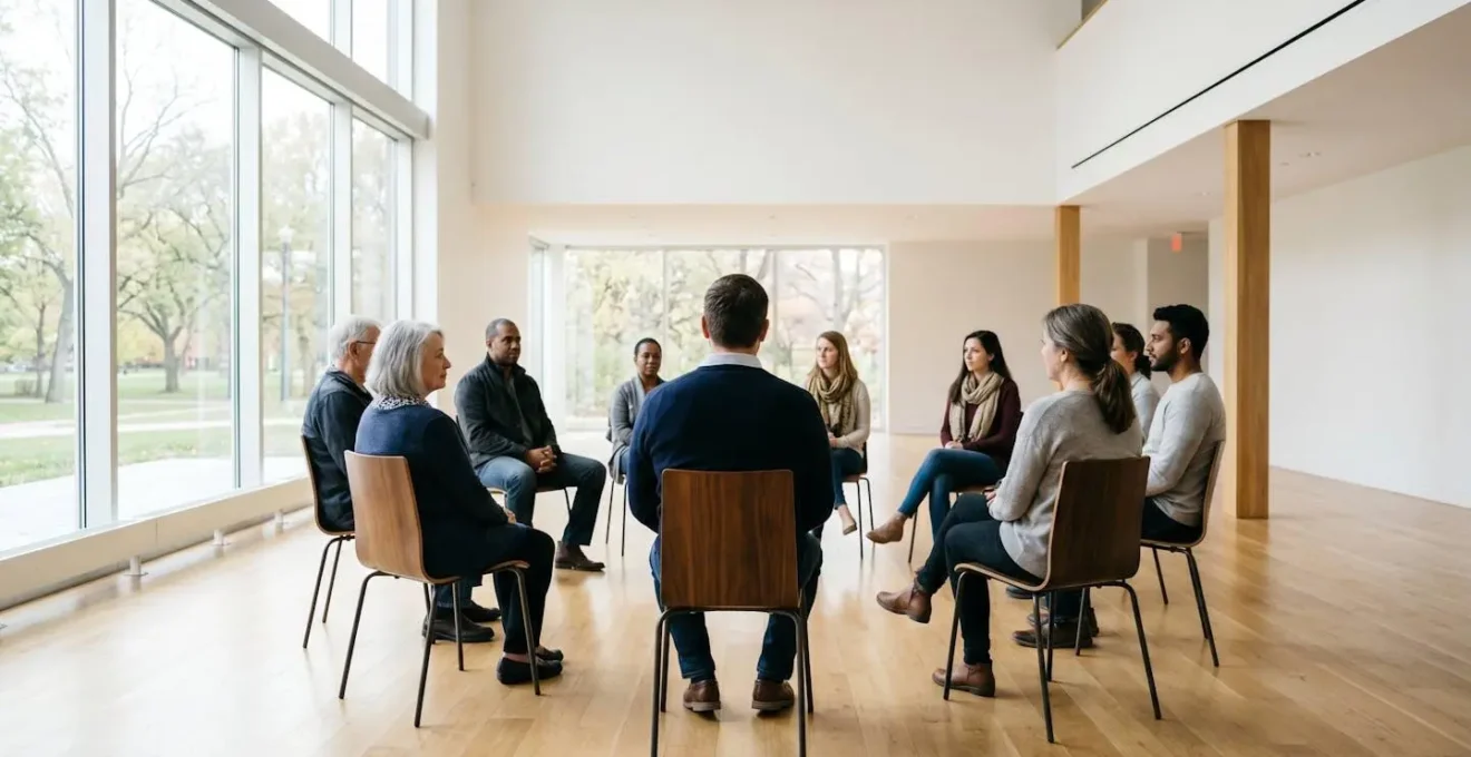 Group of people sitting in a circle in a bright community space