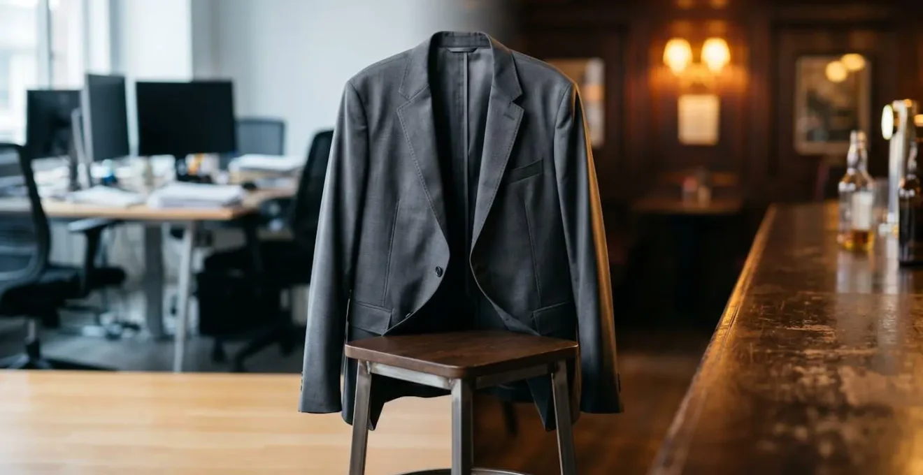 Sophisticated unstructured blazer displayed in modern office-bar hybrid setting