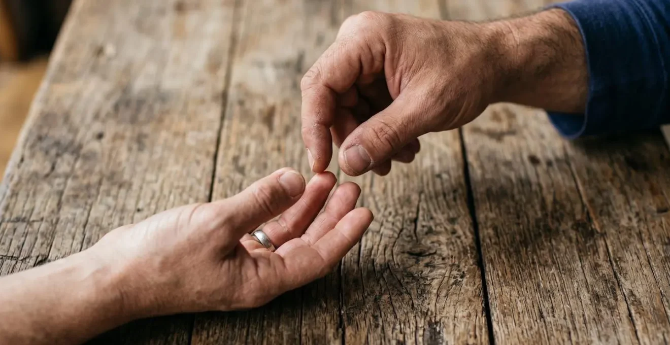 Close-up of two hands reaching toward each other across a wooden surface